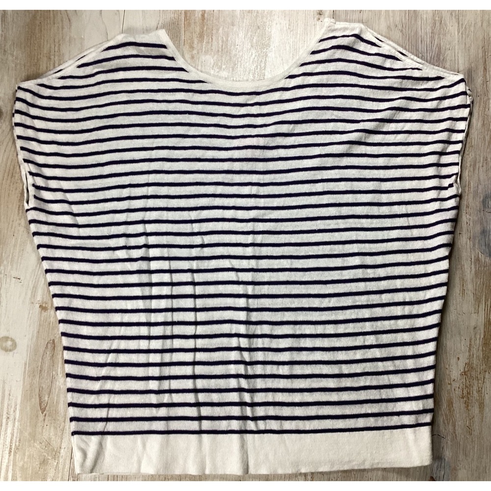 Lilly Pulitzer Women Linen Cotton Stripe Knit Top Navy White S/M Boxy Scoop Neck